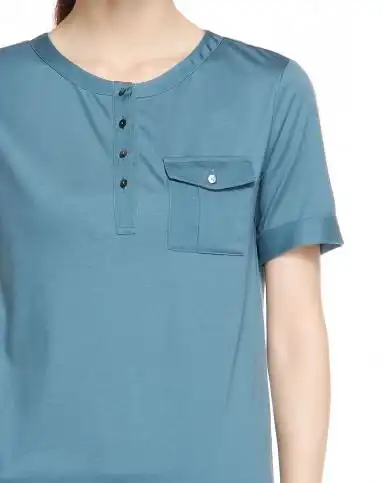 深灰蓝色圆领半开襟短袖t恤