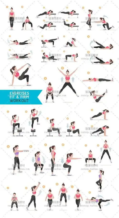 e167|扁平人物健身器材锻炼减肥动作分解跑步机哑铃psd矢量ai素材