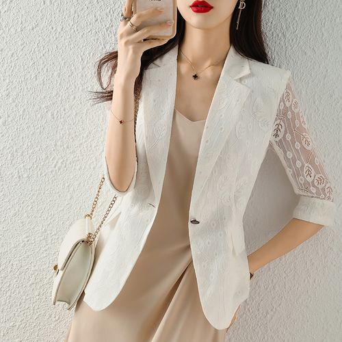 精品新春夏中袖薄款镂空袖蕾丝小西装外套女休闲通勤百搭气质上衣