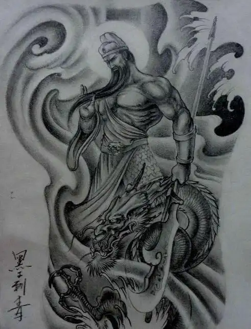 霸气经典的黑白关公满背纹身图案