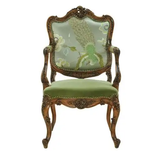 欧式法式美式雕花扶手休闲椅刺绣布艺奢华客厅别墅会所书房书椅-淘宝