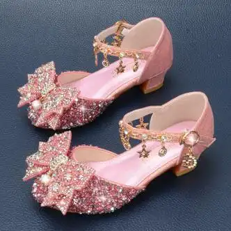 法逻娅女童银色公主鞋包头蝴蝶结小女孩水晶鞋水钻软底礼服裙儿童高跟