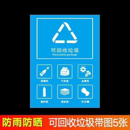 干湿干垃圾箱宣传贴标签危险废物废电池标志贴 可回收垃圾带图版5张