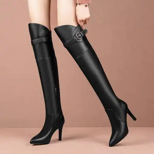 过膝长靴高跟真皮皮靴子女细跟高筒靴2020秋冬时装靴