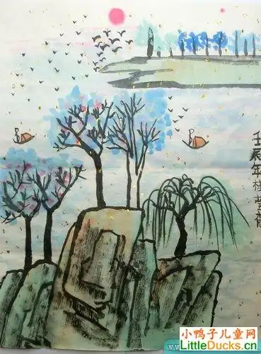 儿童山水画之湖光春色