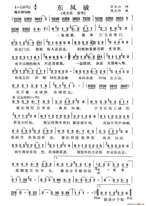 东风破  谱友园地作词:方文山.作曲:周杰伦.演唱(奏):周杰伦.