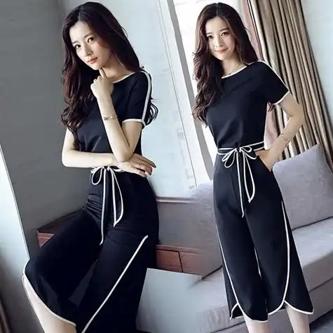 夏装雪纺衫短袖女2020新款韩版减龄阔腿裤套装时尚小个子两件套潮