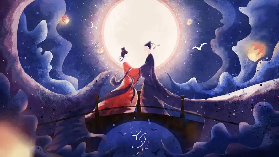 爱情七夕节牛郎织女手绘插画七夕情人节4k壁纸壁纸