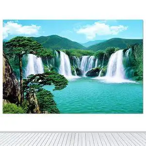 迎客松山水画装饰画聚宝盆风水画流水生财招财客厅办公室墙贴壁画