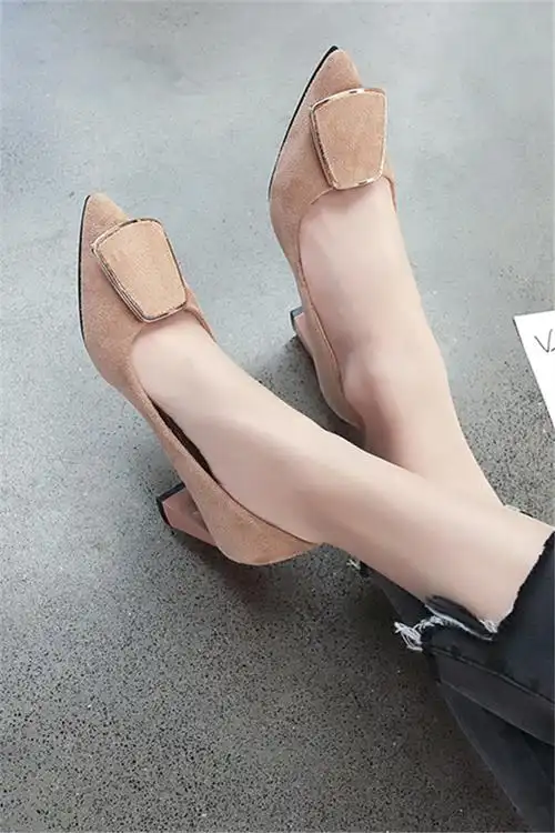 粗跟气质单鞋女早春新款绒面尖头性感 高跟鞋甜美浅口中跟工作女鞋