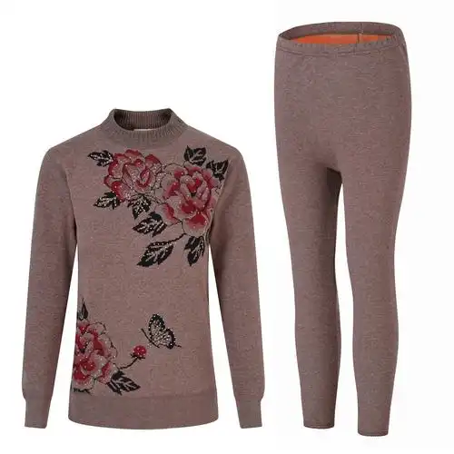 中老年保暖内衣加厚加绒女士中领妈妈秋衣秋裤棉毛衫套装老人棉