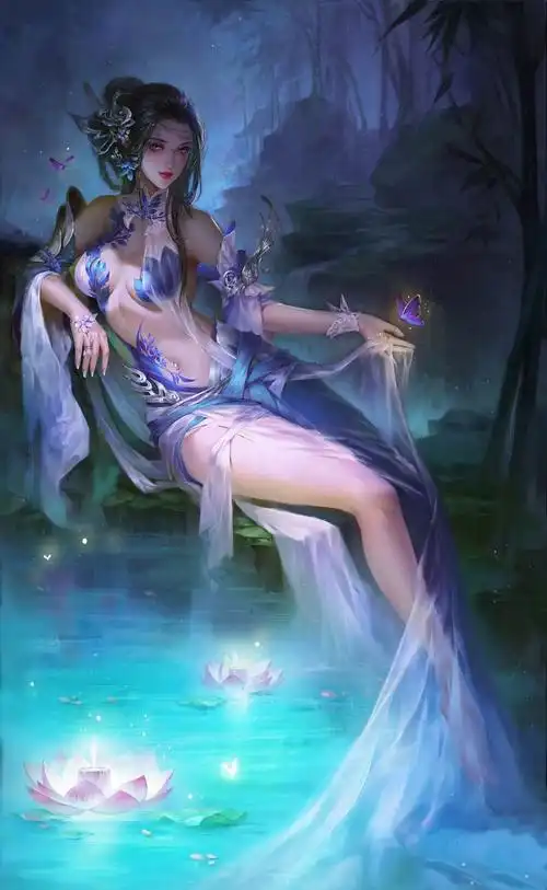 2k手机中国风古装3d古风美女泳池 荷花超高清壁纸 - 国产动漫 - h128