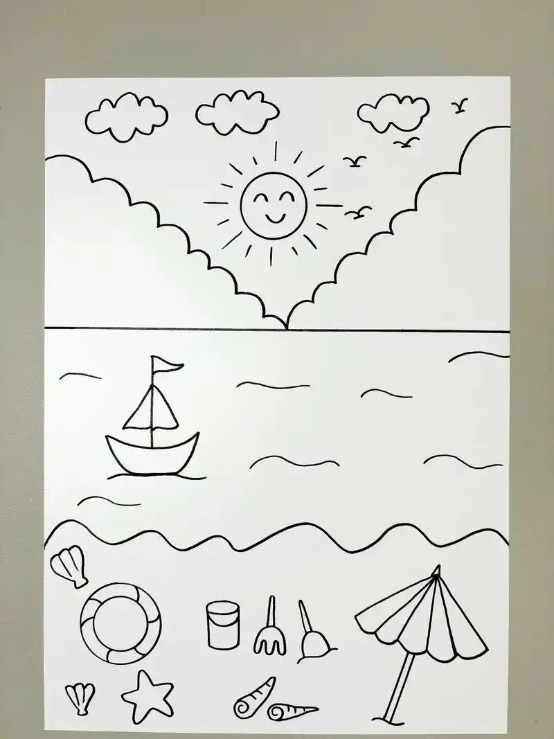 夏天主题画—夏日海滩.夏天来了,带孩子去海边玩沙子吧,让清凉 - 抖音