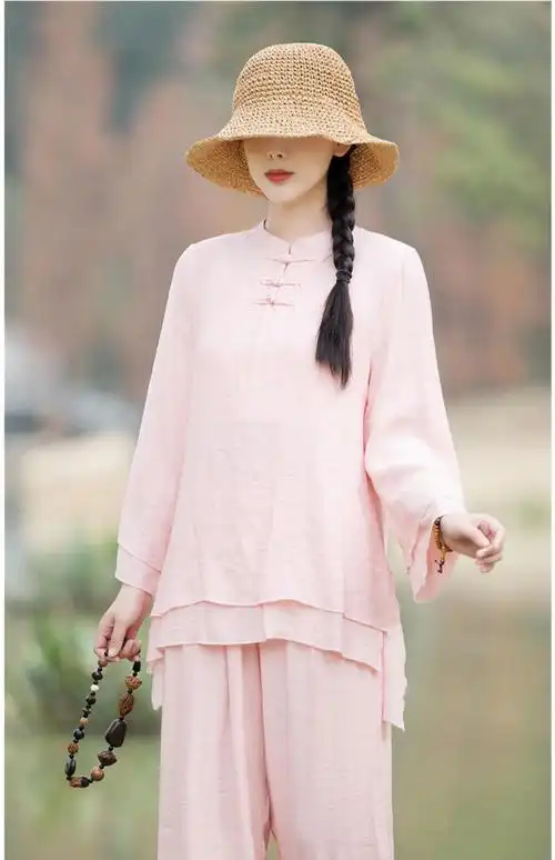 棉麻太极服女套装宽松棉麻春夏新款太极拳练功服晨练服表演服白色m