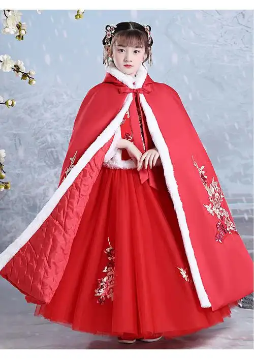 儿童古装元旦女生仙女裙唐装改良汉服女秋冬款红色2021新款中国风裙子