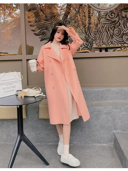 拉夏贝尔毛呢大衣女专柜橘粉色双面羊绒大衣女中长款2021年新款高端