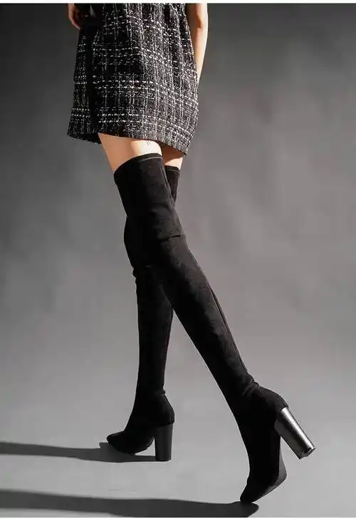简梦伊长筒靴女粗腿秋冬超长靴女过膝盖长筒靴高跟显瘦大腿靴粗跟尖头