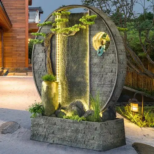 水幕墙流水屏风阳台新中式别墅鱼池布置水景喷泉假山室外景观摆件