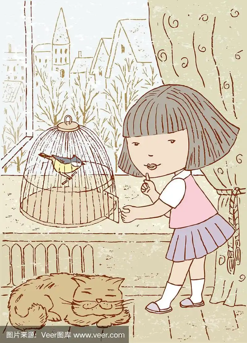 一个小女孩把一只鸟从笼子里放出来