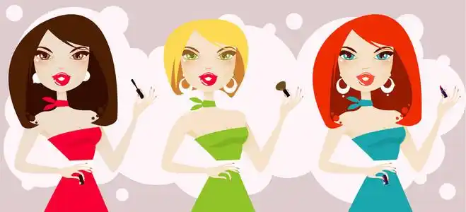 可爱卡通女人与化妆品一套照片