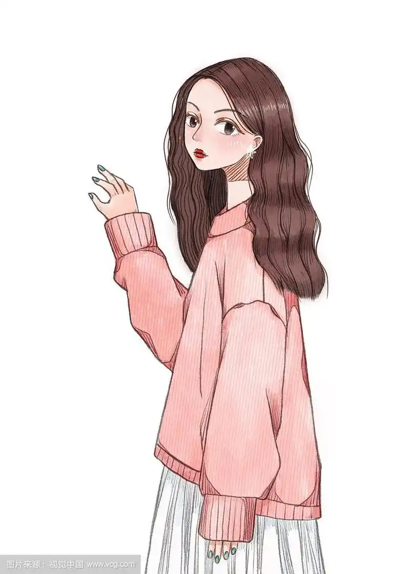 半侧身站立的长发少女 手绘插画