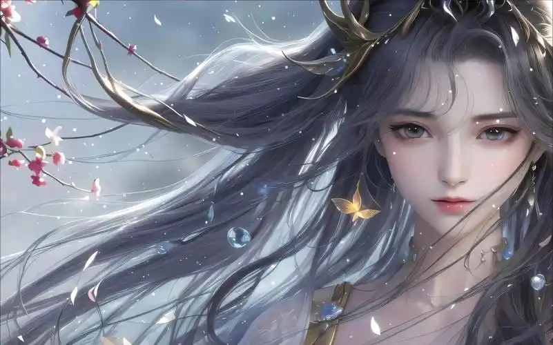 绝美古风动漫长发美女,精致头饰映花颜,2560x1600超清壁纸下载