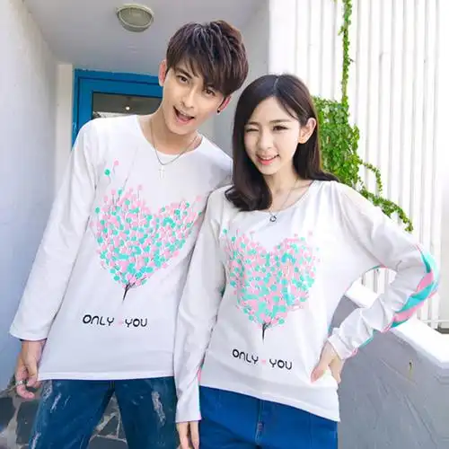 灏丽尚 秋季条纹拼色心形打底上衣纯棉露肩蝙蝠长袖t恤男女情侣装恤衫