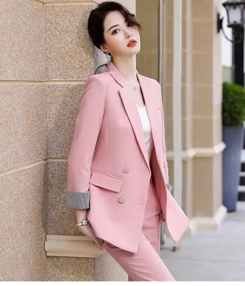 西装套装女秋季洋气修身气质垂感休闲职业装小西服外套中长款 粉色