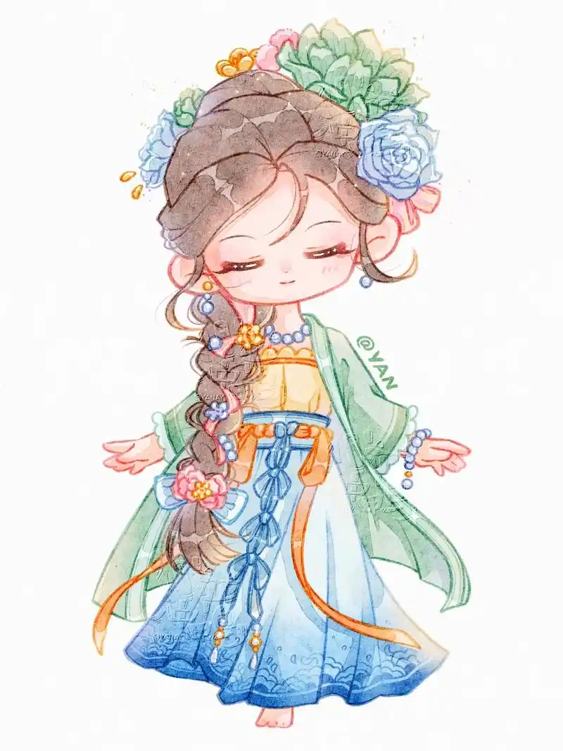 古风水彩q版人物团练 案例二解锁～ 宋代姝丽 (附人物起型教程)