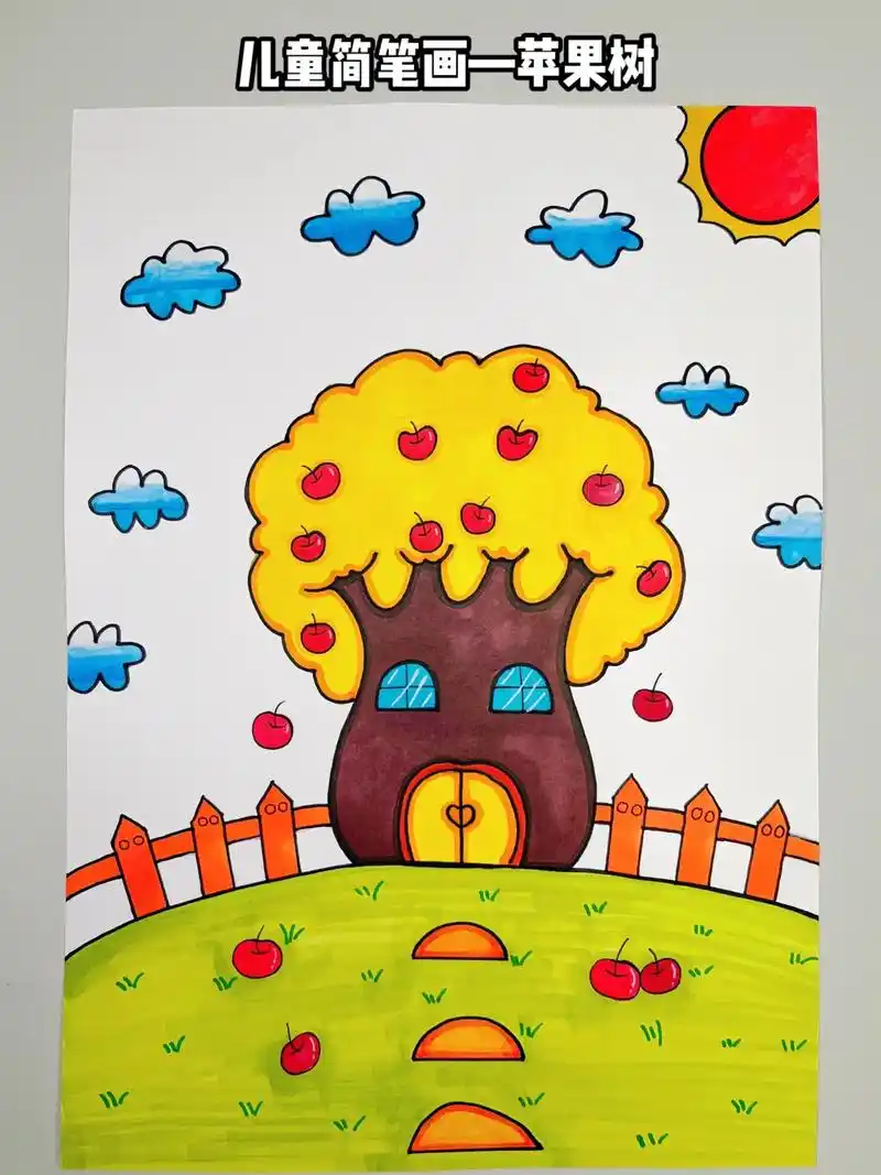 用线条就能画出一幅苹果树简笔画,简单又有创意, - 抖音