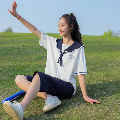 学生夏装女套装初中生学院风海军领新款高中生七分裤jk校服两件套