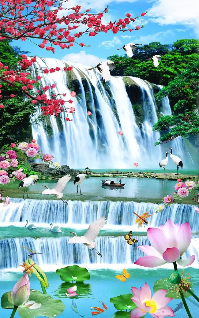 背景墙|装饰画 玄关 山水花鸟玄关图 > 山水画梅花瀑布山水玄关装饰画