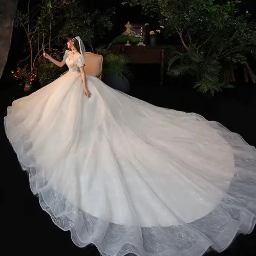 轻婚纱2020新款气质星空长拖尾遮手臂显瘦森系超仙梦幻新娘小个子