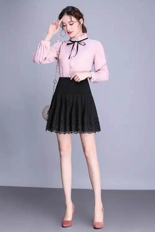 半身裙秋冬2018新款蕾丝短裙高腰a字百褶裙大码修身显瘦女装裙子