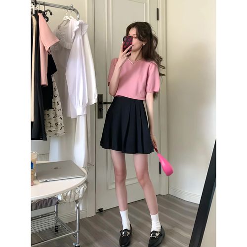 粉色圆领薄款短袖针织t恤女2022夏季新款温柔风甜美百褶裙两件套