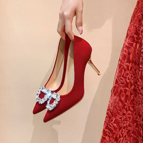 焗潭法式少女红色高跟鞋尖头性感两穿水钻细跟宴会礼服婚鞋女新娘单鞋
