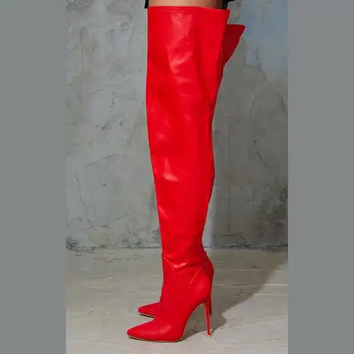 性感的红色pu厂家批发定制过膝高跟长靴女士