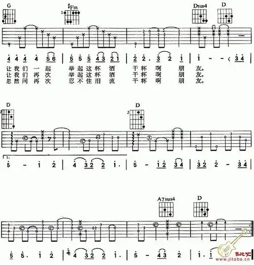 干杯朋友吉他谱c调简单版吉他弹唱的六线谱