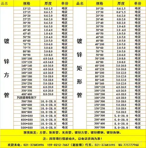 镀锌方管规格表3