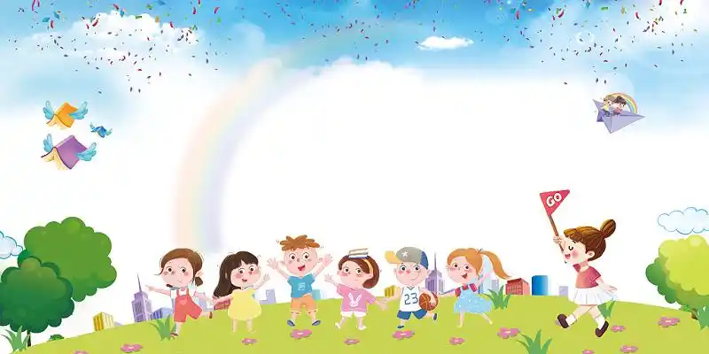 复学蓝天草地学生卡通插画开学季海报背景素材