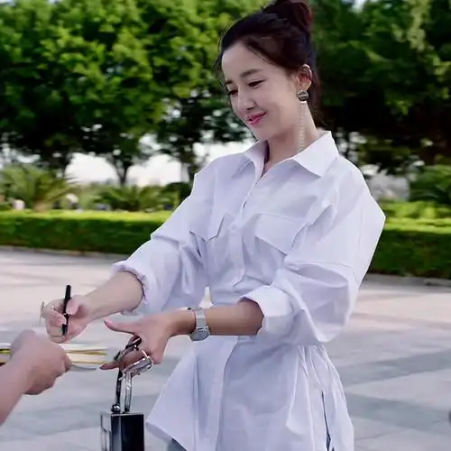 青春长袖纯棉绑带收腰高端白色同款衬衫抛物线衬衫