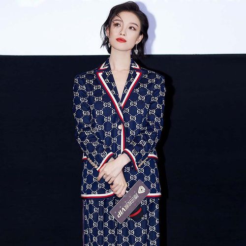 倪妮同款深蓝色印花西装套装2022春季新款休闲西装