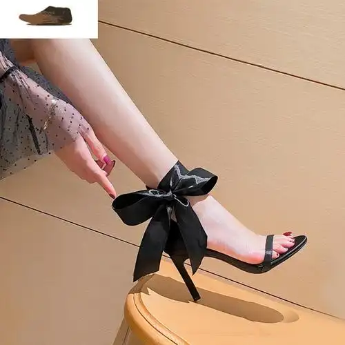 ideamini一字带凉鞋女细跟8cm交叉系带性感黑色绸缎礼服绑带法式小