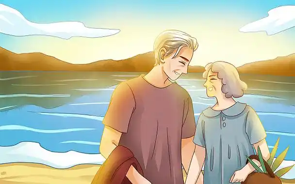 卡通手绘七夕黄昏恋湖畔的恩爱夫妻原创插画海报七夕插画