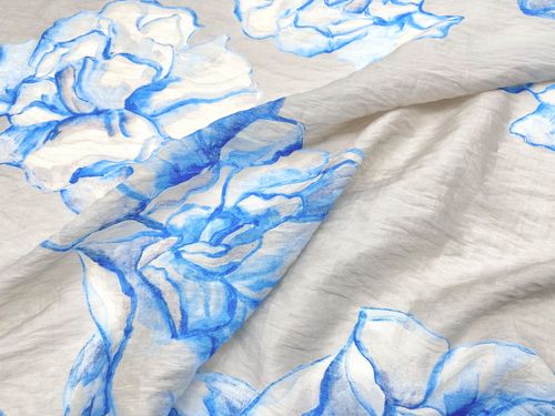 柔软微透 浅灰底蓝色晕染大花印花苎麻天丝麻面料旗袍汉服裙布料