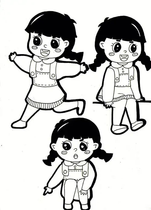 儿童简笔画人物小女孩全身多角度