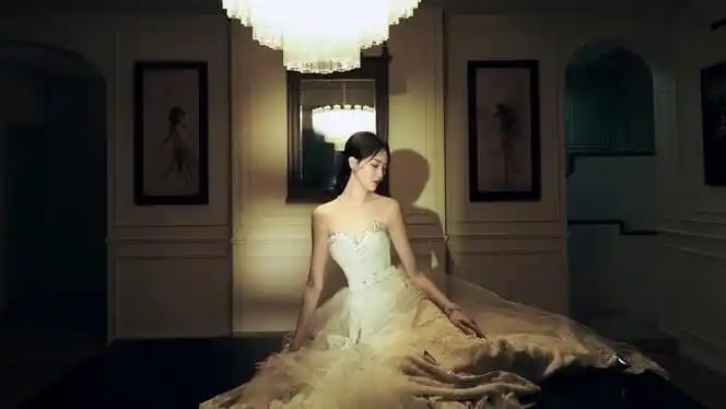 浦西明珠唐嫣造型好美蕾丝薄纱白色高定礼服搭配唐嫣优雅的天鹅颈