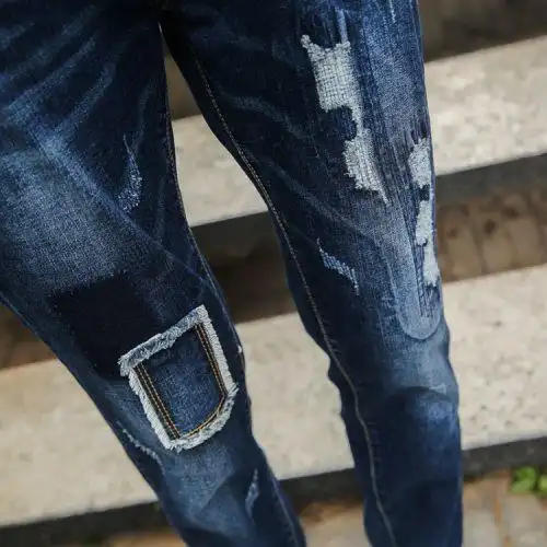 牛仔裤男补丁青少年破洞弹力贴布个性乞丐裤潮流男装修身型小脚裤