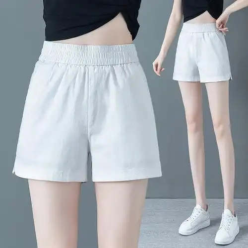 白色短裤女夏宽松高腰松紧腰2021新款外穿显瘦运动休闲阔腿短裤