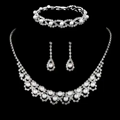 欧美跨境银色首饰套装 珍珠耳环项链手链婚礼新娘套装三件套高档